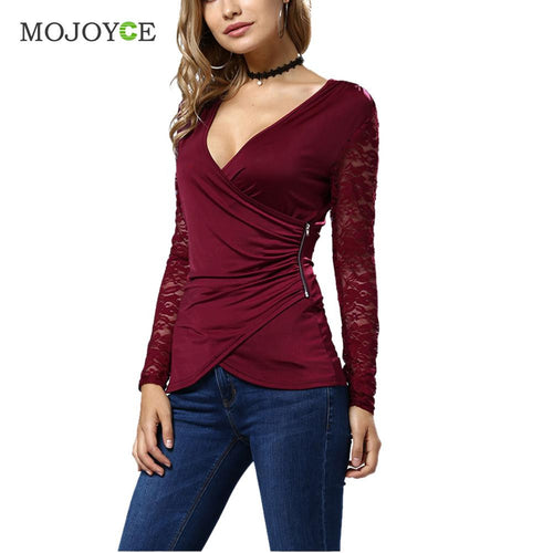 Bud Silk Lace Stitching T-Shirt Elegant V neck Long Sleeve Women Office Tops Ladies Casual Zip Women Top Blusa Tee ELY