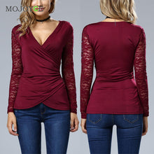 Bud Silk Lace Stitching T-Shirt Elegant V neck Long Sleeve Women Office Tops Ladies Casual Zip Women Top Blusa Tee ELY