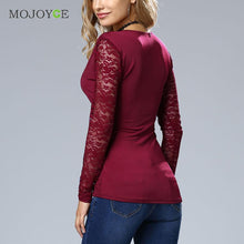 Bud Silk Lace Stitching T-Shirt Elegant V neck Long Sleeve Women Office Tops Ladies Casual Zip Women Top Blusa Tee ELY