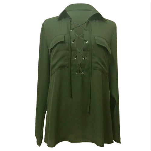 Bust Pocket V-Neck Women Blouses Bandage Lapel Long Sleeve Blouse Shirt Army Green Women Tops Chiffon Blusas Feminino 1STL ELY