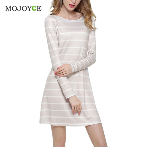 Casual Backless Striped Women Dress Long Sleeve A Line Dress Vestidos SMLXL Beige Dress vestido de festa 1STL ELY