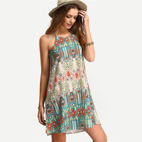 Casual Boho Mini Women Dress Strap Beach Dress Floral Print Tunic Sleeveless Short Chiffon Dress Vestido de renda 1STL ELY