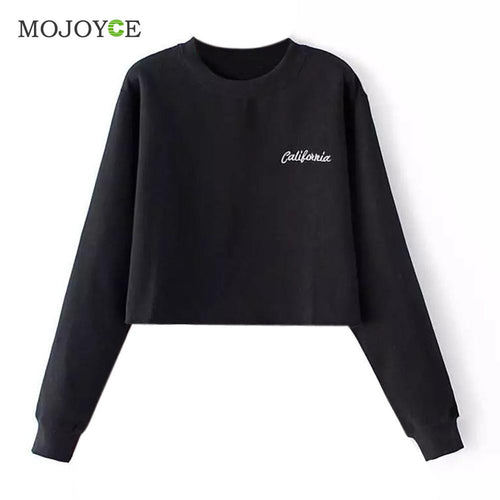 Casual Cotton Embroidered Letter Long Sleeve Sweatshirt Crop Top Black Grey Women Top Sweatshirt Women ELY
