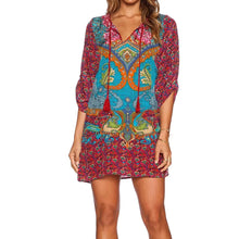 Casual Ethnic Totem Paisley Floral Print Streamer V-Neck Shift Dress Strappy 3/4 Sleeve Dresses Vestidos Women Dress ELY