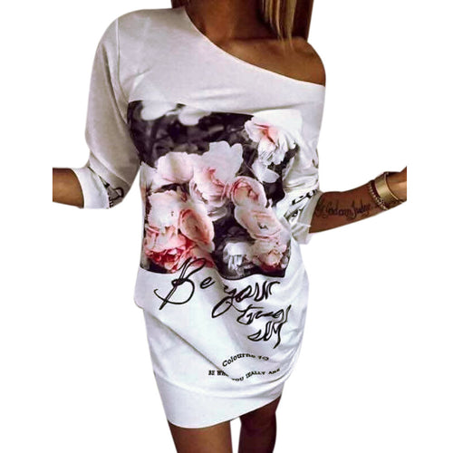 Casual Print Dress Printing Loose Bodycon Formal Party Dress Round Neck Floral Above-knee Length Dresses Vestidos ELY