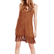 Casual Slim Backless Tassels Suede Fabric Sleeveless Vest Dress Camisole Spaghetti Strap Long Tank Dress Brown Women Vestidos ELY
