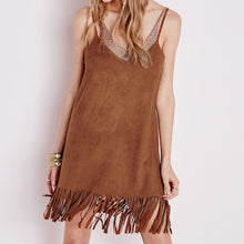 Casual Slim Backless Tassels Suede Fabric Sleeveless Vest Dress Camisole Spaghetti Strap Long Tank Dress Brown Women Vestidos ELY