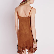 Casual Slim Backless Tassels Suede Fabric Sleeveless Vest Dress Camisole Spaghetti Strap Long Tank Dress Brown Women Vestidos ELY