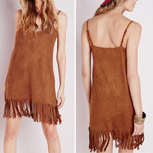 Casual Slim Backless Tassels Suede Fabric Sleeveless Vest Dress Camisole Spaghetti Strap Long Tank Dress Brown Women Vestidos ELY