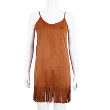 Casual Slim Backless Tassels Suede Fabric Sleeveless Vest Dress Camisole Spaghetti Strap Long Tank Dress Brown Women Vestidos ELY
