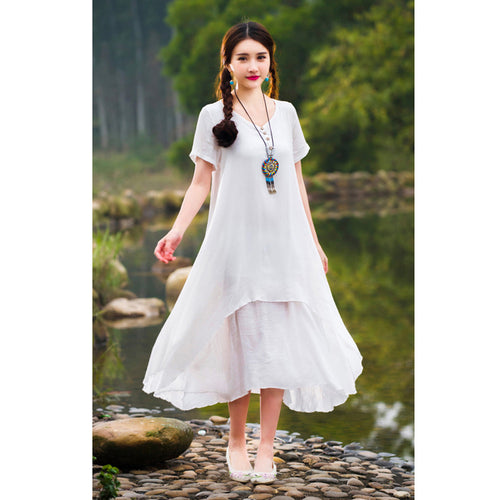 Casual Solid Dress Women Elegant Loose Short Sleeve V Neck Dress Cotton Linen Boho Long Dress Vestidos Plus Size ELY