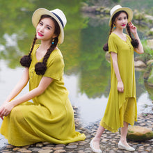 Casual Solid Dress Women Elegant Loose Short Sleeve V Neck Dress Cotton Linen Boho Long Dress Vestidos Plus Size ELY