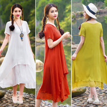 Casual Solid Dress Women Elegant Loose Short Sleeve V Neck Dress Cotton Linen Boho Long Dress Vestidos Plus Size ELY