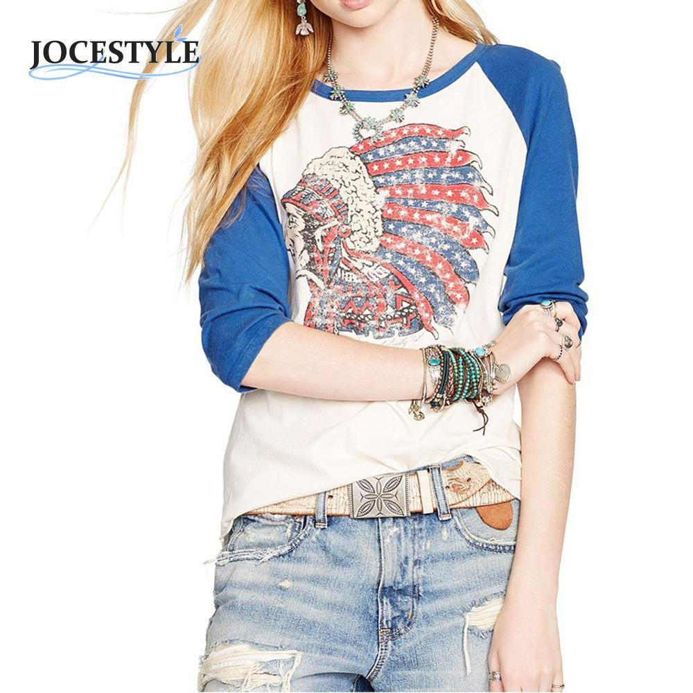 Casual Women Shirts Street Style T Shirt Three Quarter Sleeve Indiana Chief Print Colorful Tops Cotton Graphic Tops Tee ELY