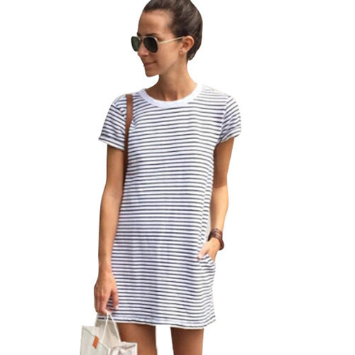 Casual Women Dress Casual Short Sleeve Round Neck Party Mini Striped Dress Plus Size Vestido Beach Dress Vestidos 1STL ELY