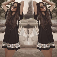 Casual Women Dress Short Sleeve O-neck Loose Vintage Printed Black Mini Dresses Black Dress Veitidos 1STL ELY