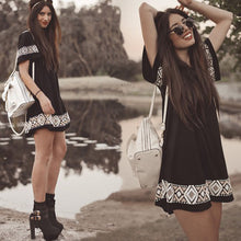 Casual Women Dress Short Sleeve O-neck Loose Vintage Printed Black Mini Dresses Black Dress Veitidos 1STL ELY