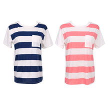 Casual Womens Striped Pocket T-Shirt Round-Neck Short Sleeve Loose Cotton Blended T-Shirt Tops Tee Crop Top ELY
