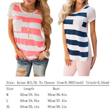Casual Womens Striped Pocket T-Shirt Round-Neck Short Sleeve Loose Cotton Blended T-Shirt Tops Tee Crop Top ELY