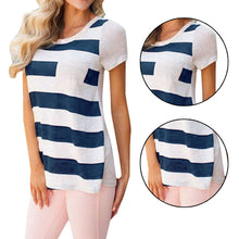 Casual Womens Striped Pocket T-Shirt Round-Neck Short Sleeve Loose Cotton Blended T-Shirt Tops Tee Crop Top ELY