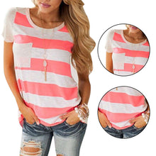 Casual Womens Striped Pocket T-Shirt Round-Neck Short Sleeve Loose Cotton Blended T-Shirt Tops Tee Crop Top ELY