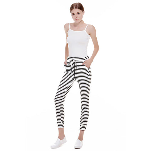 Casual sexy white striped pants slim elastic high waist women trousers bodycon knitted long pants ELY