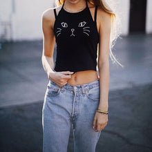 Cat Print Cropped Feminino Halter Tank Tops Vest Black Women Crop Tops Embroidery Cat Face Crop Tops Women Shirt Blusa 1STL ELY