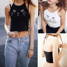 Cat Print Cropped Feminino Halter Tank Tops Vest Black Women Crop Tops Embroidery Cat Face Crop Tops Women Shirt Blusa 1STL ELY