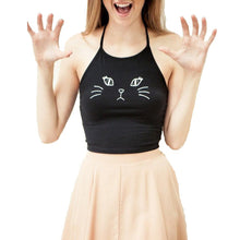Cat Print Cropped Feminino Halter Tank Tops Vest Black Women Crop Tops Embroidery Cat Face Crop Tops Women Shirt Blusa 1STL ELY