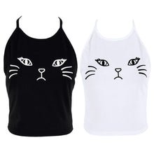 Cat Print Cropped Feminino Halter Tank Tops Vest Black Women Crop Tops Embroidery Cat Face Crop Tops Women Shirt Blusa 1STL ELY