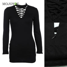 Cross Bandage Plunge Dress Vestidos V-Neck Punk Long Sleeve Mini Women Dress Bandage Dress Vestidos De Fiesta ELY