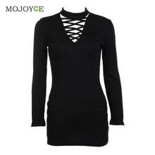Cross Bandage Plunge Dress Vestidos V-Neck Punk Long Sleeve Mini Women Dress Bandage Dress Vestidos De Fiesta ELY