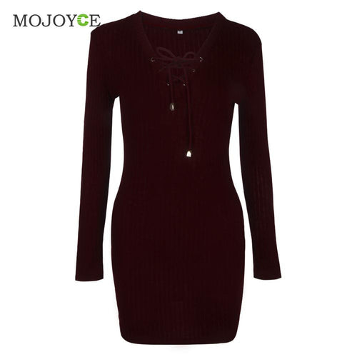 Cross Straps Slim Fit Women Dress V-neck Long Sleeves knitting Article Pit Bodycon Party Bandage Dress Vestido De Festa ELY