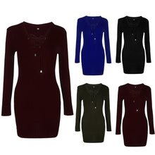 Cross Straps Slim Fit Women Dress V-neck Long Sleeves knitting Article Pit Bodycon Party Bandage Dress Vestido De Festa ELY