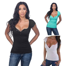 Deep V Neck T Shirt Stretchy Top Short Sleeve Button Up Shirts T-shirt Plus Size Womens Button Up Tops Femininas Blusas ELY
