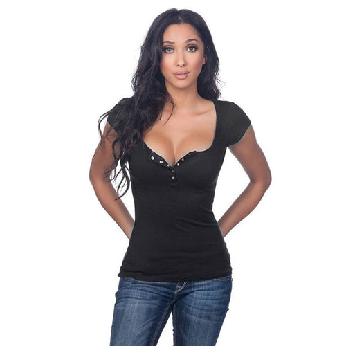 Deep V Neck T Shirt Stretchy Top Short Sleeve Button Up Shirts T-shirt Plus Size Womens Button Up Tops Femininas Blusas ELY