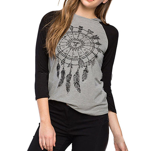 Dreamcatcher Printed Women T-shirt Hooded Patchwork Round Neck Long Sleeve Hipster Clothing ELY