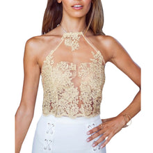 Elegant Gold Lace Crop Top for Spliced Backless Short Camis Gauze Metallic Halter Women Tank Tops Blusa Cropped Feminino ELY