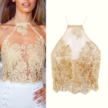 Elegant Gold Lace Crop Top for Spliced Backless Short Camis Gauze Metallic Halter Women Tank Tops Blusa Cropped Feminino ELY