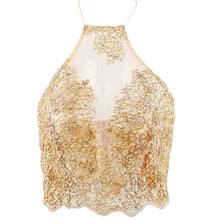 Elegant Gold Lace Crop Top for Spliced Backless Short Camis Gauze Metallic Halter Women Tank Tops Blusa Cropped Feminino ELY