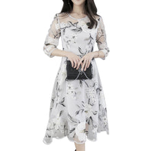 Elegant Organza Floral Printing Women Dress O-Neck 3/4 Sleeve Party Dress Vestidos Autum Long Dress vestido de festa 1STL ELY