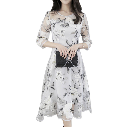 Elegant Organza Floral Printing Women Dress O-Neck 3/4 Sleeve Party Dress Vestidos Autum Long Dress vestido de festa 1STL ELY