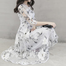 Elegant Organza Floral Printing Women Dress O-Neck 3/4 Sleeve Party Dress Vestidos Autum Long Dress vestido de festa 1STL ELY