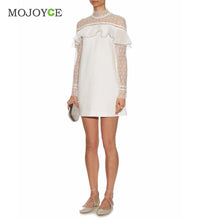 Elegant Dress Cute Mini Women Dress White Lace Ruffled Hollowout Office Dress Long Sleeve Slim OL Vestido De Festa ELY