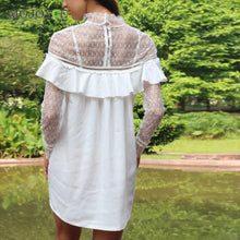 Elegant Dress Cute Mini Women Dress White Lace Ruffled Hollowout Office Dress Long Sleeve Slim OL Vestido De Festa ELY