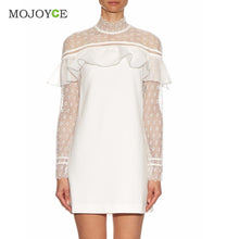 Elegant Dress Cute Mini Women Dress White Lace Ruffled Hollowout Office Dress Long Sleeve Slim OL Vestido De Festa ELY