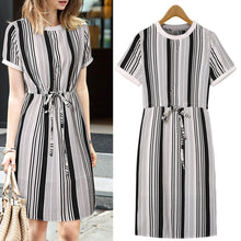 Europe Style Striped Woman OL Office Dress Slim Formal Dresses for Work Elegant O Neck Mini Sashes Vestidos Fors Oficina ELY