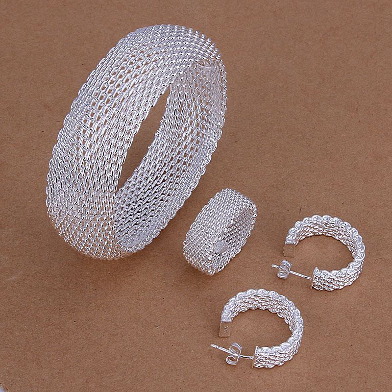 silver plated jewelry sets necklace bracelet bangle earring ring SMTS3 1 ELY