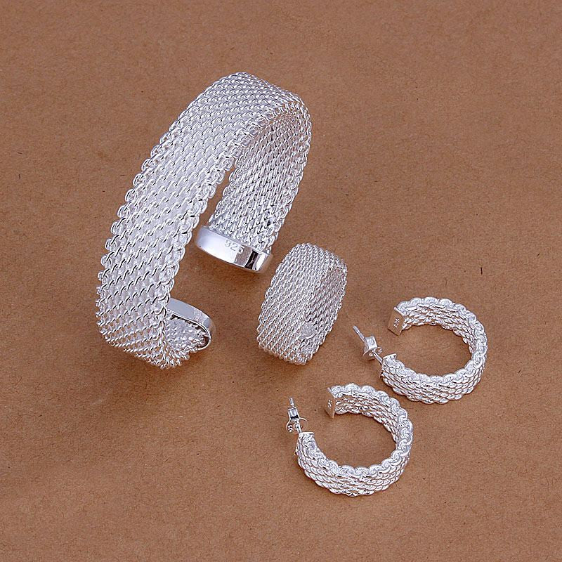 silver plated net jewelry sets necklace bracelet bangle earring ring SMTS275 ELY