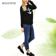 Fahion Long Sleeve Sweatershirt Women Anchor Print Blends Knitted Pullover Casual Black Warm Hoodie Women Tops 1STL ELY